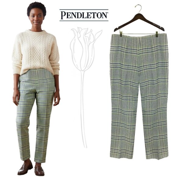 Pendleton Pants - Pendleton Vintage 90s Green, Blue Stripes & Light Grey Plaid Wool Pants Trousers
